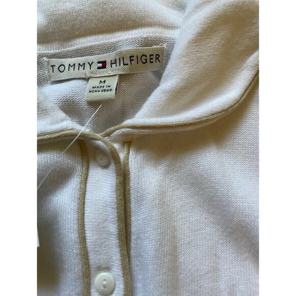 Tommy Hilfiger Womens/Teen White with Tan Border Button Cardigan Size Medium - Picture 7 of 8
